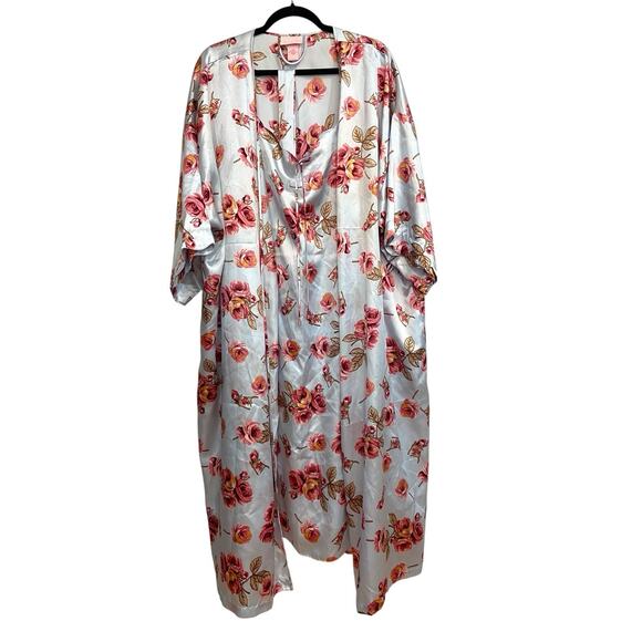 Serenada 2 Pc Blue Floral Satin Nightgown & Robe Sleepwear Set size 2X 22/24 - Picture 13 of 15